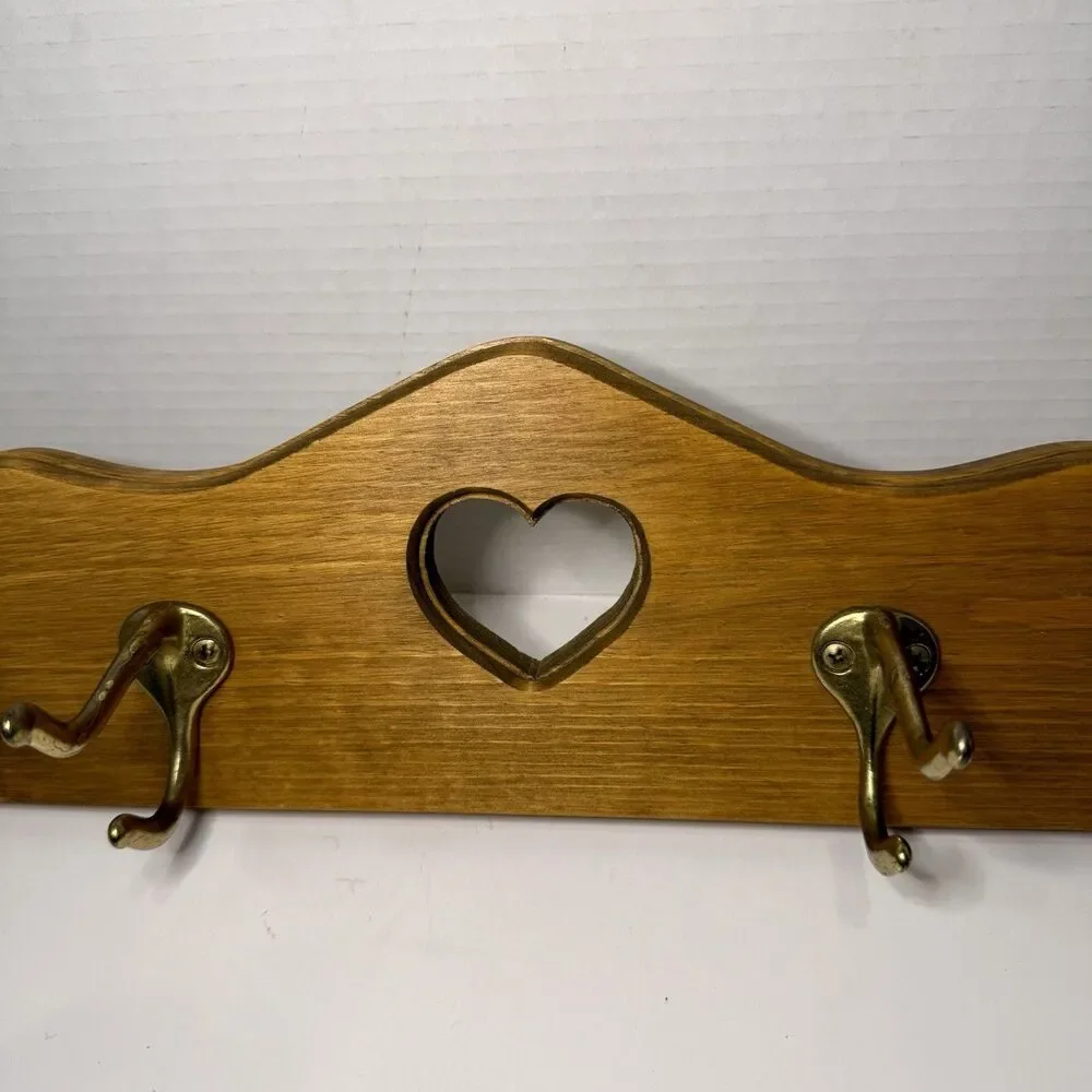 Vintage 22” Wood Heart Cutout Wall Coat Rack 4 Brass Hooks Cottagecore Farmhouse